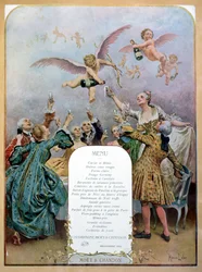 Ritz Restaurant Menu, Afbeelding van een Groep Elegante 18e Eeuwse Mannen en Vrouwen die Champagne Drinken Geserveerd door Cherubs, 1910